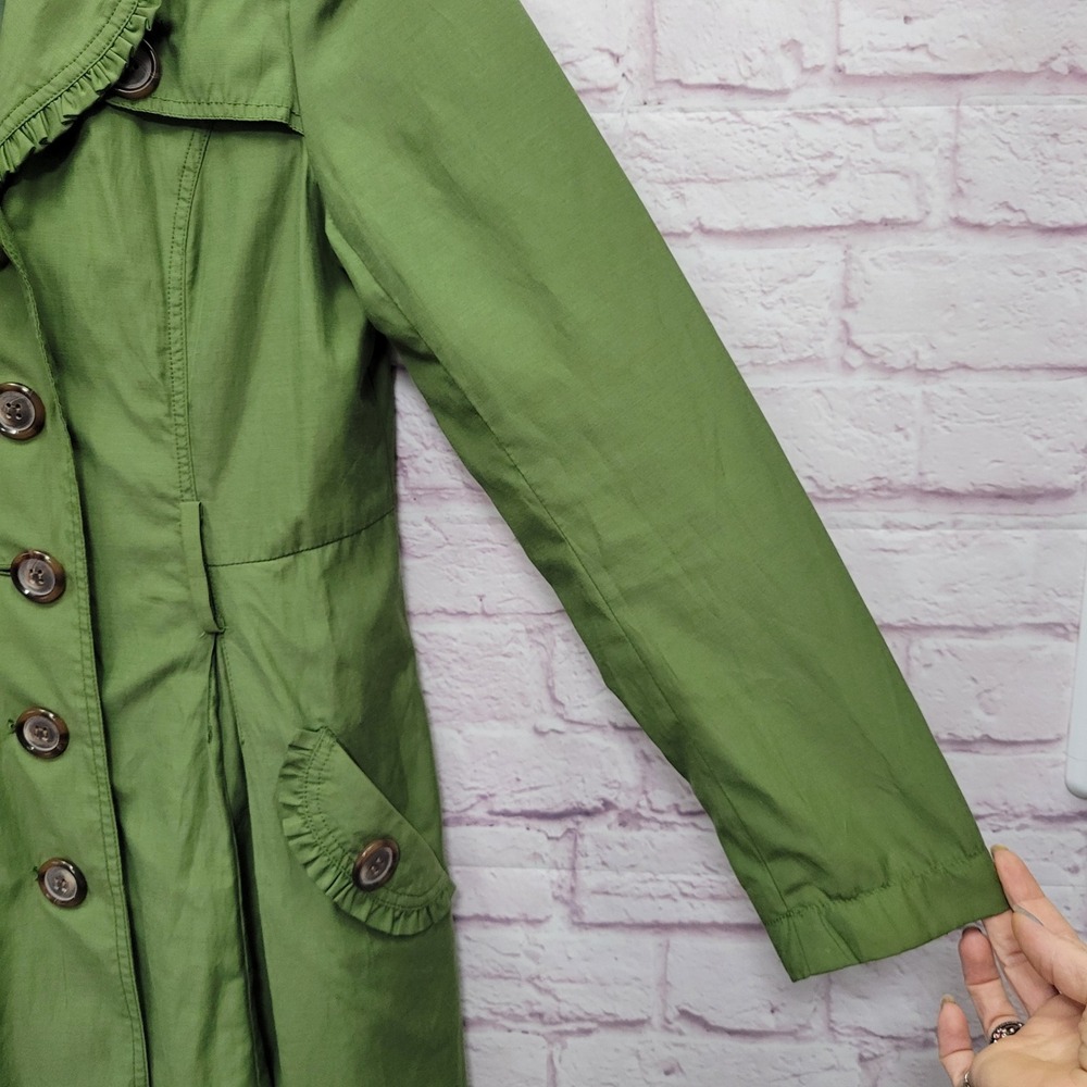 Ambition Green Trench Coat S Ruffle Collar Button Front‎ Cottagecore Preppy Chic - Picture 4 of 10